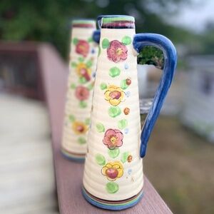 Vintage PAIR Beige Colorful Floral Pitcher Japan Majolica-Like 10.5" Tall